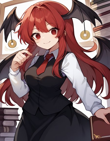score_9, score_8_up, score_7_up, source_anime, <lora:koakuma-ponyxl-lora-nochekaiser:1>, koakuma, red eyes, red hair, long hair, sidelocks, medium breasts,, bat wings, black dress, black pantyhose, black skirt, black vest, dress, head wings, long sleeves, multiple wings, necktie, pantyhose, red necktie, shirt, skirt, vest, white shirt, wings,, bookstore, browsing shelves, new book smell, finding a favorite, quiet atmosphere, smile, <lora:pendulum-ponyxl-lora-nochekaiser:1>, pendulum, holed coin, coin on string, hypnosis, mind control, coin, @ @,, looking at viewer, solo,, dutch angle, cowboy shot