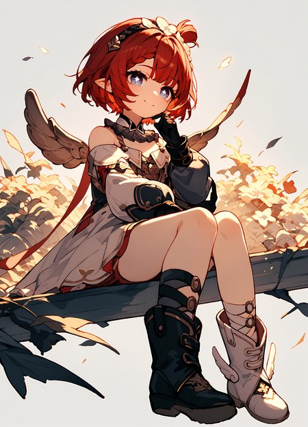 (score_9, score_8_up, score_7_up), 1girl, wings, detached collar, puffy long sleeves, black gloves, black and white boots, sitting, smile, simple background, <lora:tribbie-hsrPO-v1:0.9>