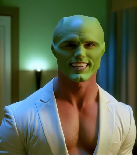 an extremely sexy muscular bald handsome attractive man with a sexy (((green head))), a sexy green model face, a sexy strong jawline, sexy wide shoulders, sexy handsome detailed bright eyes and huge beautiful white teeth in a room a night, highly detailed, best quality <lora:1990's The Mask 1994 style xl v1:1.5> 1990's
solo, looking at viewer, smile, grin, high budget,  cinemascope, moody, epic, gorgeous