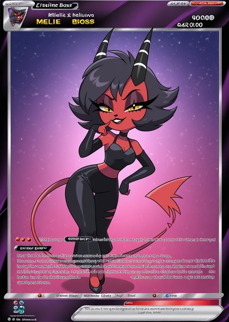 masterpiece, high quality, BREAK, full body, 1girl,    <lora:Pokemon_Card_Template_Concept_Illustrious:0.8> pokecards, pokemon cards, colored border, trading card, text, <lora:Millie_Helluva_Boss_Illustrious:0.5> millie_helluva_boss, horns, tail, red skin, yellow schlara, long eyelashes,