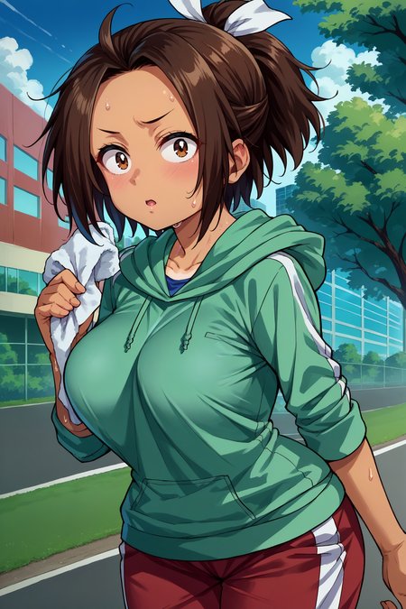 score_9, score_8_up, score_7_up, score_6_up, source_anime, 1girl, solo  <lora:hikarihazakura-pdxl-nvwls-v1-000006:1> hazakura, brown hair, short ponytail, short hair, brown eyes, tan, hair ribbon, green hoodie, track pants, red pants, large breasts, sweat, sleeves rolled up, wiping brow, looking at you, chestnut mouth, blush, blue sky, city, trees
