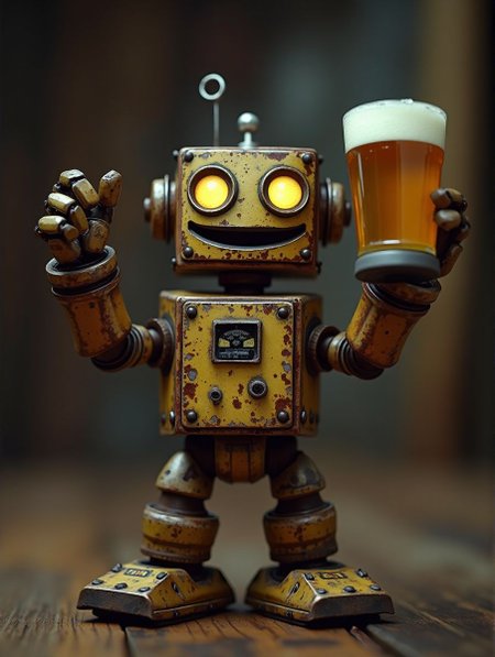 Raw photo, 8k uhd, dslr, , little rusty robot with raised hands enjoys a beer, big smile. soft lighting, high quality, film grain, Fujifilm XT3,dark,  intricate details, sharp, (skin texture:1.1).