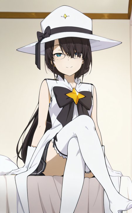 masterpiece, best quality, highres, newest, 1girl, solo, official style, anime screencap, <lora:Magical_Girl_Outfit:1>, houkagogirl, magical girl, black bow, white hat, white gloves, looking at viewer, smile, indoor, full body, sitting on bed, crossed legs, expressionless, <lora:IL_Juumonji_Kaho_v2:1>, kaho, black hair, blue eyes, glasses, sidelocks, bangs, hair over one eye, mole under eye, from below, white thighhighs