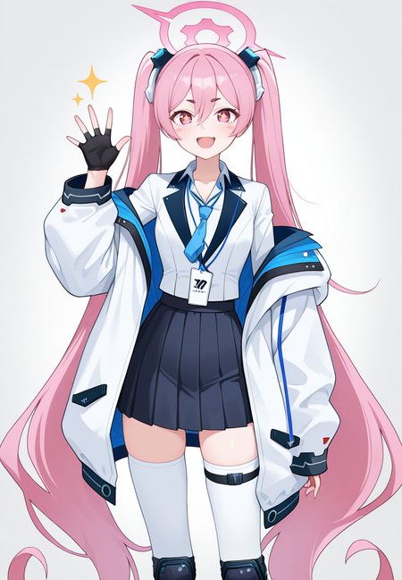 zPDXL3, score_9_up, score_8_up, score_7_up, ,Masterpiece,(perfect female body:1.2), small waist, (incredibly detailed:1.4), beautiful fingers, looking at viewer,  <lora:Kurosaki_Koyuki_-_Blue_Archive_Kaleid_Illustrious:1>kurosakikoyuki_\(arknights\), 1girl, pink hair, very long hair, twintails, pink eyes, sparkling eyes, halo, thighhighs, white thighhighs, white jacket, pleated skirt, shirt, open jacket, necktie, gloves, blazer, aqua necktie, knee pads, id card, collared shirt, facing viewer,