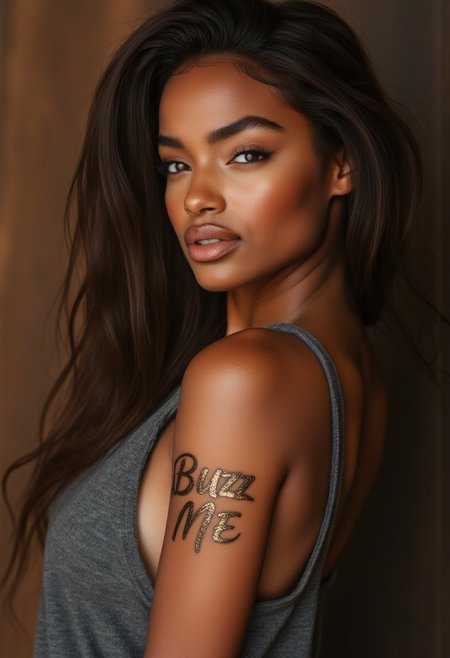 FictionalAbby with a tattoo  "Buzz Me" in gleaming golden ink  on her arm