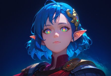 score_9, score_8_up, score_7_up, score_6_up,
star ocean, 1girl, rena lanford, ahoge, armor, [blue:opal:0.5] eyes, blue hair, cape, hair ornament, pleated skirt, pointy ears, short hair, beautiful detailed eyes,
from below, upper body, (close-up:1.2), space, star \(sky\), spiral galaxy, portrait, official wallpaper, backlighting,
 <lora:yukihiro_kajimoto_so2r_pony:0.8>
<lora:IOS_Iridescent_opal_style:0.8>