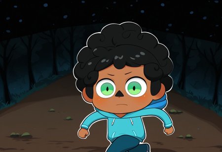 max (camp camp), cartoon theme, max (camp camp), 1boy, solo, human, male focus, curly black hair, curly tousled black hair, afro, dark skin, dark-skinned male,  large eyes, round eyes, green eyes,small nose, triangular nose, pointed nose, anoyed face, running,  blue hood, blue pants, small body, young boy, chibi, dark forest, night