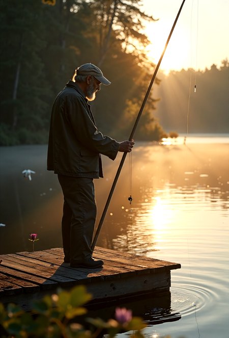 cinematic photo close-up photograph, an old fisherman standing on a wooden-pier, holding a cane-fishing pole, worn and weathered wooden-pier,serene lake next to the woods, it is dawn and the early morning sun casts its reflection on the lake waters,quiet,peaceful,majestic,(close focus on fisherman),rustic, quaint, enduring,tranquil,birds, lilies, leaves, nature elements . 35mm photograph, film, bokeh, professional, 4k, highly detailed . embedding:EZRealPONYXL,