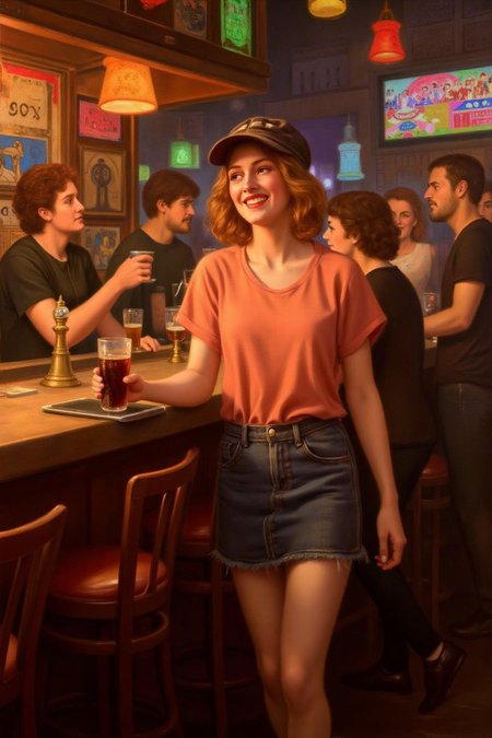 johncollier1 painting. 
The air buzzes with the energy of a busy bar, a mix of music, conversation, and the clinking of glasses. A barmaid, the embodiment of youthful vibrancy, navigates the lively scene. She wears a peach-coloured T-shirt, the soft fabric contrasting with the smooth, cold glass of coke she carries on a small tablet. Her short skirt adds a playful touch, and a backwards baseball cap hints at a carefree attitude. The setting and atmosphere are palpable: the warm, slightly sticky surface of the bar counter under her fingertips, the dim, colourful lighting that casts playful shadows. Sensory details are abundant: the condensation forming on the glass of coke, the texture of her denim skirt, and the way the bar lights catch the highlights in her hair. Her confident stride, her quick smile, and her efficient movements. Stylistically, the image draws inspiration from the vibrant, candid shots of nightlife photographers, with a touch of the stylized realism found in contemporary illustration. There's a deliberate contrast between the barmaid's youthful energy and the slightly worn, lived-in atmosphere of the bar, creating a dynamic and engaging image.  <lora:johncollier1_cap_d8a4e12:1.0><lora:850629027839348331:0>
