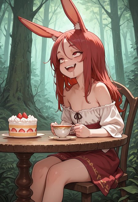 masterpiece, best quality, amazing quality, 
rabbit girl, open mouth, vulgar smile, drooling, medium red hair, flat chest, petite, traveler's clothes, 
tea time with big huge goblins, they are sitting at a tea table, cute cake, 
fantasy forest in the background,