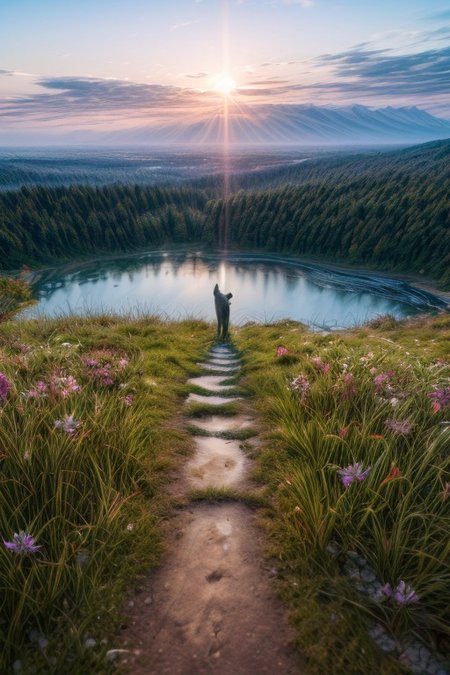 masterpiece, best quality, ultra-detailed, realistic, 8k, pine tree, flowers fields, many kinds of flowers, a couple of rabbits on very distant, lakes, meadows, glitter, daytime, sunlight, out-of-this-world scenery, lifelike, naturalism, greatest naturalism photo, immaculate detailed realism photography, rich colors, best colors perfect composition, perfect colors, colorful, clear photo, intrigue nature panorama, delicate nature photo, immaculate micro-details nature elements, (out-of-this-world scenery:1.23), beautiful landscape, beautiful flowers, crystal fantastic, breathtaking beautiful nature, unmatched beauty nature, more nature elements, rich nature elements, beach, (awards winning photography:1.37), trending on artstation, real life photo realistic, perfect proportion, aesthetic, artistic style, surreal, insanely lifelike, top best naturalism photography, greatest detailed, intricate nature details background, depth of field, no human, detailerlora,