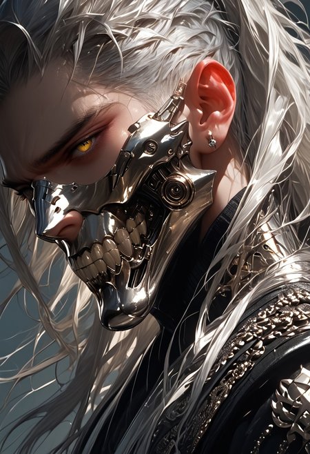 score_9, score_8_up, score_7_up, masterpiece, realistic skin, dark theme, dark shot, white palette, light blue palette, daisies theme, (male focus), portrait, unique angle, side view, (twilight), (1boy), adult, masculine, (muscule:0.3), long hair, white hair, straight hair, yellow eyes, mouth slightly open, shiny skin, mask, chrome, chrome scale armor, head up, looking at viewer, (simple background), dutch angle, highres textures, Expressiveh