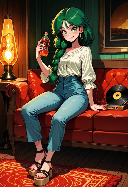 masterpiece, best quality, 1girl, solo, eyelashes, (beautiful eyes), narrow waist, smile, sitting,   [Retro Lounge Vinyl Spin], zzCheryl, green eyes, single braid, hair over shoulder, vintage blouse, flared jeans, platform sandals, hoop earrings, record player, patterned rug, lava lamp, warm tones â zzCheryl lounges cross-legged on a patterned rug, a vinyl record spinning beside her as retro tunes hum through the room. Her braid swings as she sways slightly to the beat, sipping from a soda bottle with chipped red polish on her nails. Everything glows in honey-colored light, the world paused in analog charm.  ,<lora:CherylPokemon_IXL_v2:0.8>,   <lora:CoutureCraze_IXL:0.7>,