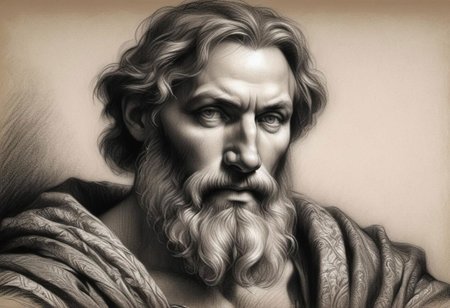 (masterpiece), 
Black and white Renaissance drawing of a mid-age bearded man,
Black and white tones,
HDR, highly detailed, 32k, 
looking at viewer, Style-Renaissance