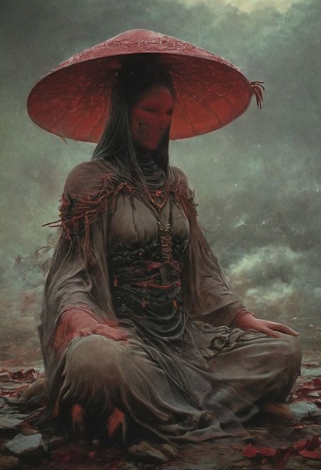 Capturing serenity amidst boundless solitude: a powerful image of a buxom feudal ninja, draped in flowing feudal garb, large sedge-hat, majestic spared open  angelwings  strong bright aura wings,meditating in lotus position upon an endless, , sunless expanse. As she hovers, an aura emanates from her, growing in intensity as it extends beyond her Till it explodes in the far, reminiscent of expanding ripples of sound. The neon hues of her aura paint the air, a vivid testament to her inner strength and focus.
creating a hyperpunk scene with desaturated translucent DARK Red and beige details, colorful (polaroid:0.7) with vibrant colors, (vacations, high resolution:1.3), (small, selective focus, european film:1.2), (sexual advance:1.1), ,end of hopes ,silence, extremely detailed,dark,sad, easynegative, digital artwork by Beksinski, extremely detailed, dark, chiaroscuro, low-key,in the style of Kelly Slater ,style by Kelly Slater,closeup,digital artwork by Beksinski, style of Kelly Slate