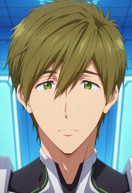 masterpiece, best quality, intricate details, anime screencap, anime coloring, official style, looking at viewer, 1boy, solo, male focus, <lora:makoto_tachibana_ilxl:0.92>, makoto_tachibana, brown hair, green eyes, hair between eyes, tachibana makoto, , robot costume