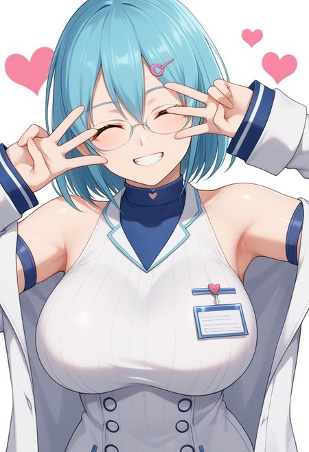 score_9, score_8_up, score_7_up, source_anime, (nsfw:1.0), BREAK, 
1girl, solo, nico, /(dead or alive)/, (large breasts), blue hair, hair ornament, green eyes, glasses, 
choker, white shirt, collarbone, turtleneck, detached sleeves, bare shoulders, sleeveless, labcoat, 
smile, closed eyes, teeth, 
v sign, hands near by own face, 
angle:random, (face shot), (close up face), 
graduation background, (heart background), pop style background,