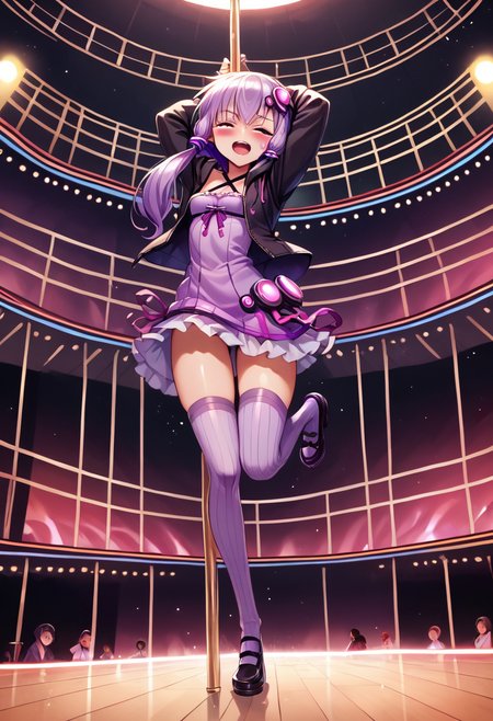 score_9, score_8_up, score_7_up, source_anime, BREAK
<lora:YuzukiYukari_MMD_V1:0.9> yuzuki yukari, purple eyes, small breasts,  
short hair with long locks, purple hair, hair ornament,
black criss-cross halter, purple dress, purple thighhighs, black jacket, hooded jacket, long sleeves, 
((stage ,Dancing, singing,))
1girl,  ((full body)),from below,, looking back,, One Leg Bent,
blush, tearful,,