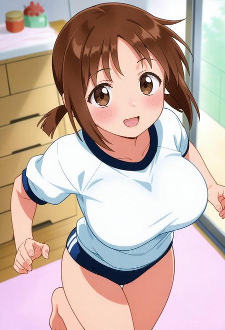hinako_(issho_ni_training), brown hair, brown eyes, short hair, large breasts,
twintails, gym uniform, blue buruma, barefoot,
<lora:hinako_(issho_ni_training)_Noob-XL-Eps-1.1-v1:1>,, masterpiece,best quality,newest,absurdres,highres,very awa,, standing, (dynamic pose) , blush,
looking at viewer,cowboy shot,open mouth,light smile, 
(indoors, )