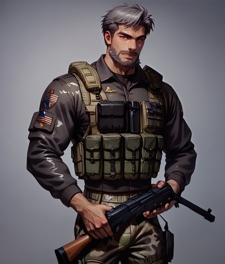 score_9, score_8_up, realistic, rating_questionable, bif, facial hair, beard, 
<lora:clothes_military-combat-uniform-ponyxl-lora-nochekaiser:.7> military combat uniform, camouflage jacket, camouflage, load bearing best, camouflage pants, soldier, bulletproof vest, combat helmet, assault rifle, rifle,
<lora:face_Adray_Lasbard:1>, AdrayLasbard, mature male, grey hair, short hair, red eyes, facial hair, mustache, muscular, arm tattoos, 
glossy skin, 1 muscular male, handsome, short hair, detailed background, bara,, mature,
<lora:egg_leonard-04:.4><lora:style_Concept Art DarkSide Style LoRA_Pony XL v6:1><lora:slider_skin tone slider_last:-1>,<lora:slider_Body Type_alpha1.0_rank4_noxattn_last:1>