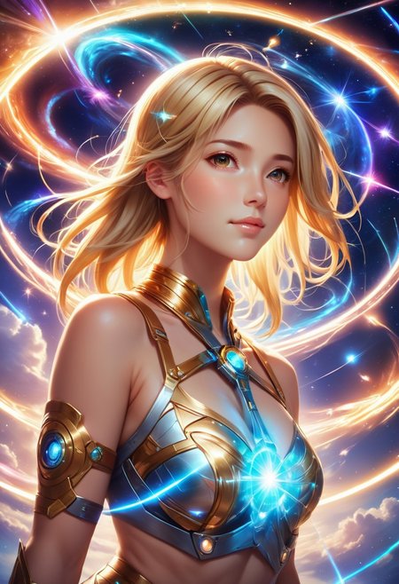 <lora:SDXLFaeTastic2400:0.8>, (((masterpiece))) , (((best quality))) , anime style, 2d, Emotional (adorable 1girl, solo:1.2) , Warrior, she has Blonde hair styled as long straight, Swirling Keychain, Gamma-ray burst background, Stars in the sky, Visual novel, Serene, flat lighting, Circular polarizer, Agfacolor, detailed face, dynamic background, ambient, grand illumination, highly enhanced, stunning detail, dynamic dramatic composition