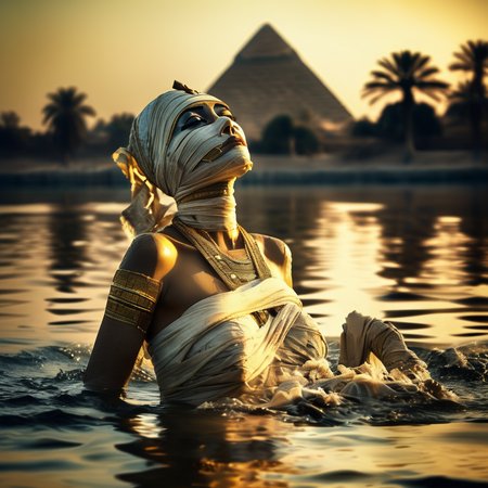 mummy of beautiful Cleopatra with golden eyes taking bath in the waters of the Nile, with the pyramids in the background, bandages, professional photo, very detailed and dramatic, expressive cinematic, darkness, bokeh f1.2<lora:mummy:1>