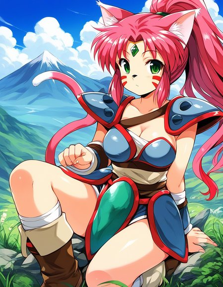 score_9, score_8_up, score_7_up, source_anime, rating_explicit, BREAK  <lora:Ryuquir_XL:1> Ryuquir, animal ears, tail, cat ears, facial mark, cat tail, green eyes, ponytail, red hair, long hair, pink hair, cat girl, breasts, forehead jewel, green jewel,
mountain, sky,
 shoulder armor, solo, weapon, armor,  furry, brown hair, grass, dagger, boots, looking at viewer, outdoors, fingernails,  shoulder pads,