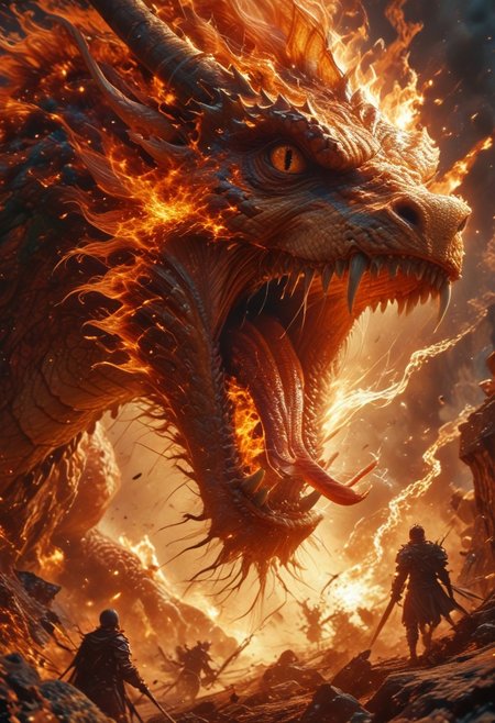 score_9, score_8_up, score_7_up, score_6_up, score_5_u, a knight in shining armor, facing a fearsome dragon, knight is jumping towards dragon, dragon opens mouth, dragon mouth has teeth, fire from dragon mouth, epic battle, burning sword, sword, dark fantasy, detailed armor, fire, scales, dramatic lighting, its light barely illuminating the surroundings, The atmosphere is heavy with tension the sea crashing violently against the rocks, the creature's immense size dwarfing the solitary human, lone figure against the ancient, otherworldly beast, color palette is dark, deep blacks and greys, high contrast, ral-ertmsphr,