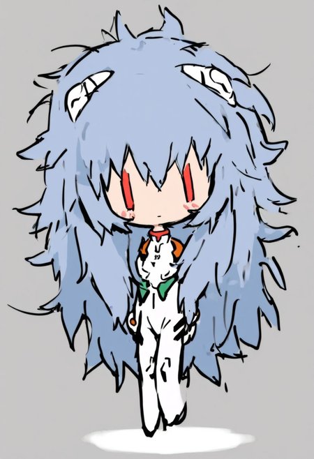 score_4,score_5,score_6,score_7_up,score_8_up,score_9 ((masterpiece,best quality,ultra detailed,highres,HD,4k:1.2)), 
1 girl,solo,face focus,
chibi,full body,deformed,| |,
ayanami_rei,rei ayanami, blue hair, ((long hair, Messy Hair:1.2)),red eyes, head gear, 
bodysuit, headgear, plugsuit, neon_genesis_evangelion, white bodysuit, 
closed mouth,blush,Expressionless,