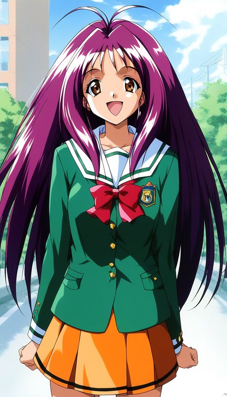 score_9, score_8_up, score_7_up, source_anime, rating_explicit, BREAK  <lora:Kotobuki_Miyuki_XL:1> Kotobuki_Miyuki, purple hair, long hair, brown eyes, antenna hair,
1girl, solo, school uniform, skirt, outdoors, open mouth, smile, orange skirt, green shirt, looking at viewer, day, shirt, long sleeves, pleated skirt, bow, :d, sky, red bow, standing, 1990s (style), miniskirt,