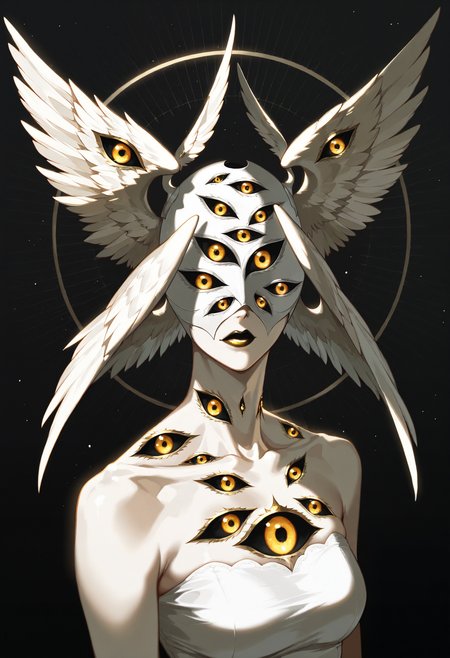 solo, 1girl, baa mask, extra eyes, wings, head wings, covered eyes, colored sclera