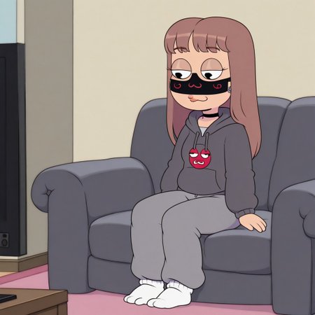 Paula,1girl,Brown hair,mask with :3 symbol,choker,bangs, hoodie,baggy gray pants,white socks,Long hair
FamilyGuyStyle, family guy, black eyes
Paula sitting on a sofa while watching television
