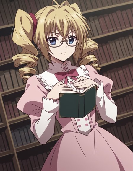 score_9, score_8_up, score_7_up, source_anime, <lora:ravel-phenex-s1-ponyxl-lora-nochekaiser:1>, ravel phenex, blue eyes, blonde hair, twintails, drill hair, antenna hair, medium breasts, dress, bow, pink dress, puffy sleeves, long sleeves, frills,, library, reading books, glasses, quiet, focused, shelves of books, , , hands on own chest,, solo,, cowboy shot, dutch angle,
