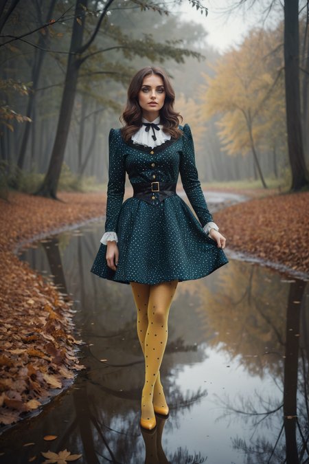 (solo, full body photo:1.3), (action packed:1.3), (haze, fog, mist:1.3), chiaroscuro, <lora:DDR_Fashion:0.3>, AnalogRedmAF <lora:AnalogRedmondV2-Analog-AnalogRedmAF:0.1> BREAK a woman in a polka dot dress and yellow tights stands on a dirt road with her hands on her hips, Daphne McClure BREAK 1880s, gothic revival style, RAW photo, analogue style, depth of field, photography by Natalia Drepina, elegant pose, a wooded area has fallen leaves reflected in a pond, soft diffused light, shot with a Hasselblad camera BREAK vibrant, neon colors, vintage 80s and 90s style, highly detailed <lora:add-detail-xl:1> <lora:DetailedEyes_V3:1>, perfect eyes <lora:perfect-eyes:0.3>