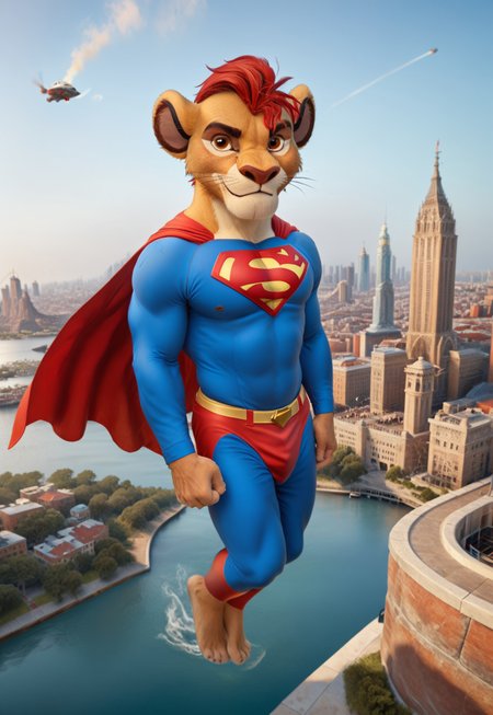 (((Barefoot furry character, full body, cinematic setting, furry male, plantigrade))) 

(((Kion))), lion boy, brown eyes, younger Kion, short red hair, (((wearing blue and red Superman costume))), (((floating in the air above the modern city))), (((nice feet paws))).

BREAK, intricate details, highly detailed, extreme detail, octane render, fine art, best quality, highres, (detailed face:1.5), ((full_body)), UHD, (((perfect hands))), low light
