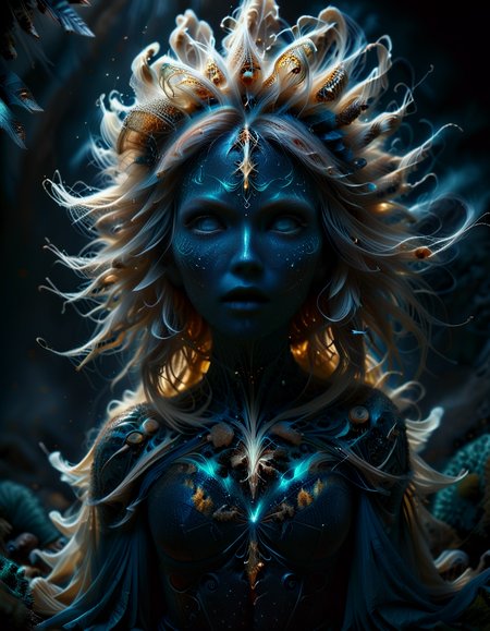 Capture the haunting presence of an otherworldly enchantress (silhouette:1.5) emerging from the depths of an dark ancient forest. Her ethereal form, draped in tattered garments intertwined with forest roots, exudes a captivating allure. Luminescent tattoos adorn her radiant skin as she gazes with predatory precision. Surround her with swirls of magic, use hdr to enhance realism of this morbid scene