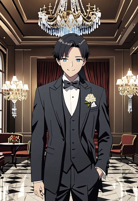 Highres, Masterpiece, High Quality, 4K, 8K, solo, 1Boy, Takaki Toono, adult, black hair, short hair, ballroom, luxury hotel, luxury room, marble floor, crystal chandelier, classic ornaments, tuxedo, smile, musterius, classy, confident, rich, easynegative, detailed_eye_model