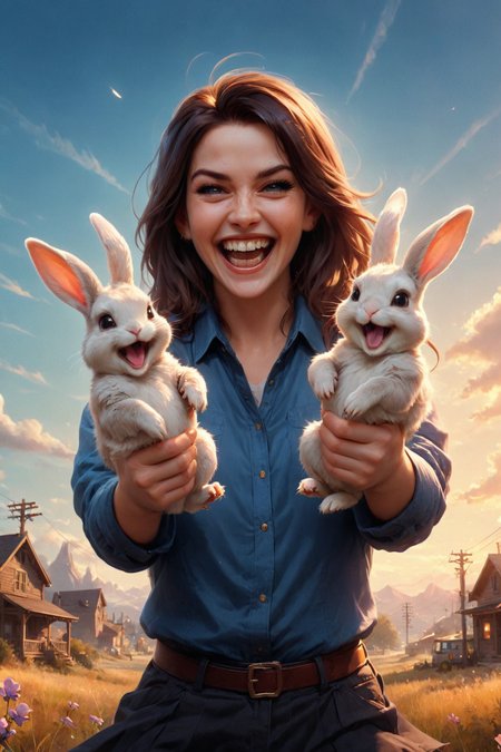by  Charlie Bowater  and  Pascale Campion in the style of  James Gilleard ,   cute happy woman holding up two bunnies, maniacal laughter<lora:happy:0.35> <lora:maniacal_laughter:2.25>, dual bunnies<lora:dual_pistols:0.75>    <lora:more_art:0.30><lora:RMSDXL_Enhance:0.50><lora:RMSDXL_Creative:0.50><lora:RMSDXL_Photo:0.50><lora:RMSDXL_Darkness_Cinema:0.50><lora:clothing_slider:2.00><lora:great_lighting:1.50><lora:aesthetic:1.50><lora:photorealistic_portrait:1.50><lora:extremely_detailed:1.50><lora:midjourney:-0.15><lora:dpo:0.25>