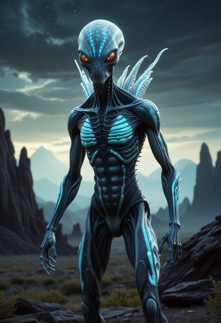 (medium full shot) of (unsettling alien) with radiant white scaled skin, bioluminescent patterns, bipedal body, segmented antennae, large and black brown eyes, segmented antennae, hovering limbs, spines along back, set in  a mystical alien planet, with shimmering landscapes, bioluminescent features, an enchanting aura, during an alien storm, Masterpiece,best quality, photo, realistic, very aesthetic, detailed face,