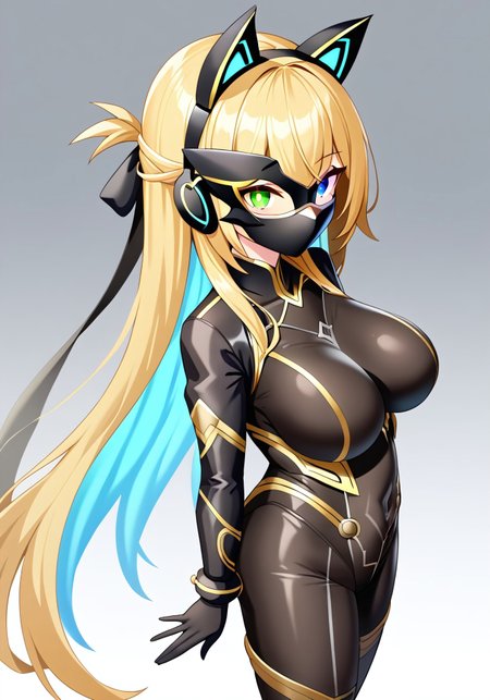 safe_pos, (masterpiece), best quality, perfect eyes, expressive eyes, perfect face, expressive face, perfect hands, (((((detailed hair))))), (((perfect eyes))), perfect legs, (((1 Girl))), solo, Sylpha, heterochromia, red eye, red right eye, symbol-shaped pupil, green eye, green left eye, symbol-shaped pupil, very long hair, blonde hair, (half updo), colored inner hair, light blue hair, big breasts, (((catsuit))), view from side, view from above, <lora:ShizunaRemMisurugiK1:0.9>, Shizuna Rem Misurugi, long hair, blonde hair, colored inner hair, light blue hair, ((hair black ribbon)), ((gold trim)), (black tiara), (((hair black ornament))), ((hair black ornament left side)), ((hair black ornament right side)), gold trim, (((catsuit))), Mei_Origin, glowing ears,cat ears, fake animal ears, headband, headphones, <lora:TrailsThroughDaybreak-Playable:1.0>, Grimcats, (((mask))), ((animal mask)), fake animal ears, panel gag