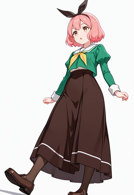 masterpiece,high quality details,absurdres, 
 <lora:Koshiba_Mai:0.8>
mar_cnr, 1girl, pink hair, short hair, bangs, brown eyes,black hairband,
mar_s1,green shirt, white sailor collar, serafuku,long skirt,black-brown skirt, juliet sleeves,pantyhose, loafers,, simple background, white background, from below,solo,, :o,