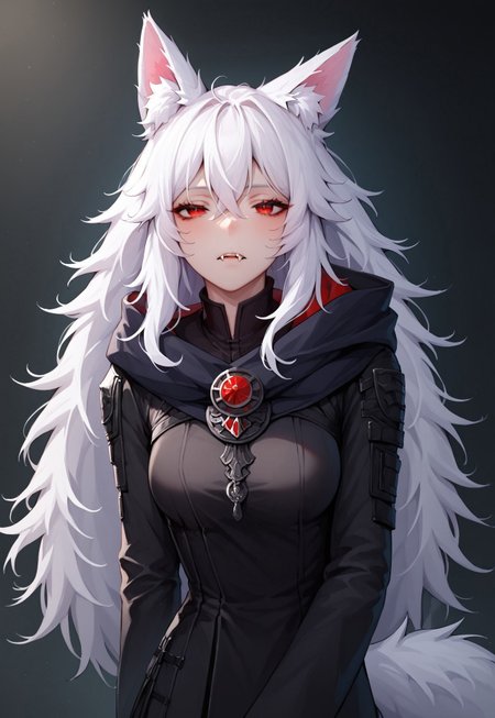 safe_pos, (score_9, score_8_up, score_7_up), HD, source_anime+, 10k Res, gritty, noir, (masterpiece)+, best quality, perfect anatomy, ((1girl, female, tired eyes, red eyes, long hair, white hair, lithe body, squinty eyes, cute face, sharp features, twenty years old, slightly short, (wolf girl, fluffy wolf tail, wolf ears), medium breasts, twenty years old, standing, Zyrnox-Exoterra Style, ((fangs out))