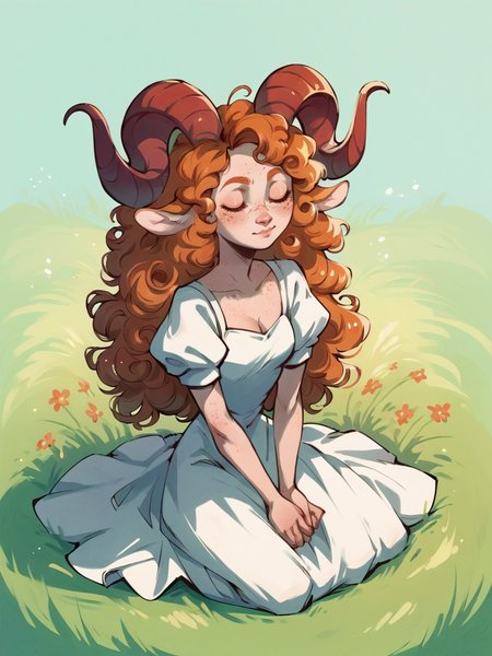 score_9, score_8_up, score_7_up, score_6_up, score_5_up,  <lora:grimzziXLP:0.8> grimzzi, 1girl, solo, horns, dress, closed eyes, orange hair, sitting, long hair, white dress, curly hair, animal ears, grass, freckles,