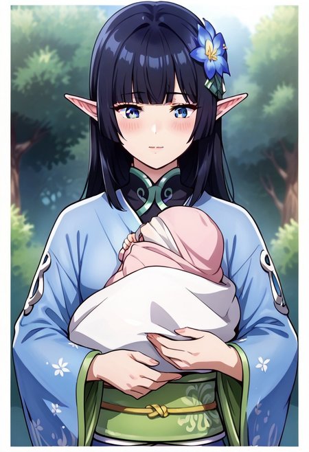 (ultra-detailed, ultra detailed), (master piece, best quality, high resolution), zPDXL, (score 9), (score 8 up), (score 7 up), (score 6 up:0.5), (high quality face), ultra quality face, (super detailed beautiful face), detailed face, beautiful eyes, detailed eyes, extremely detailed, 
source_anime, anime screencap, Anime Screencap, animation, (2D), 
1girl, score_9,score_8_up,score_7_up, blanket over body, 
elf ,pointy ears, blue eyes and long black hair, couplelunia, blue kimono, long black hair mother, wide long sleeves blue kimono, white sock, green obi, himecut, hime cut, blush, black hair wife, blue eyes, close up shot, upper body, blue flower hairpin,
 looking down at baby, sitting down, (baby sleeping), baby carry, holding baby,