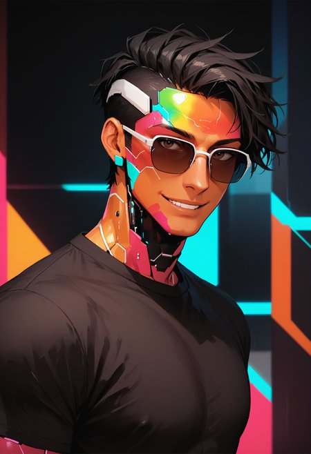 score_9, score_8_up, score_7_up, score_6_up, score_5_up, score_4_up,
<lora:CyberDollsV3.1:1> cyb3rd0lls, android, colorful skin, 
, looking at viewer, smile, short hair, shirt, black hair, 1boy, brown eyes, male focus, parted lips, solo focus, sunglasses, looking over eyewear