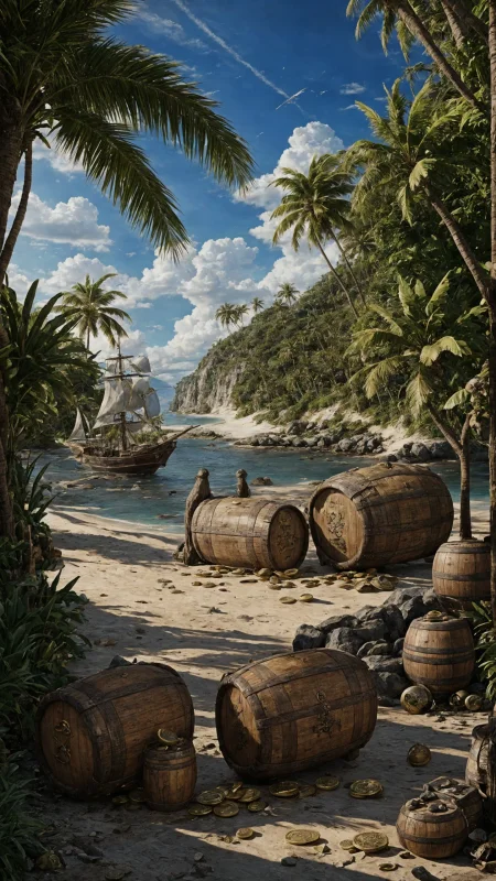 (illustration:1.2), (beautiful caribbean beach pirate landscape), fantasy, sharp focus, (ultradetailed), (ship galleon:1.2), pirate (village), leafy beach coast, (treasure chest with coins, gems and jewels, rum barrel, best quality masterpiece, bright sunny sky, backlight, natural lights, high contrast, hdr, shadows, pretty, beautiful, (PirateDiffusionprt:0.5), <lora:Pirate:0.3> PrateT <lora:PirateRealms:0.3> <lora:Detail Tweaker LoRA add_detail:0.7> <lora:depth_of_field_slider_v1:5> <lora:SDXLrender_v2.0:0.8>