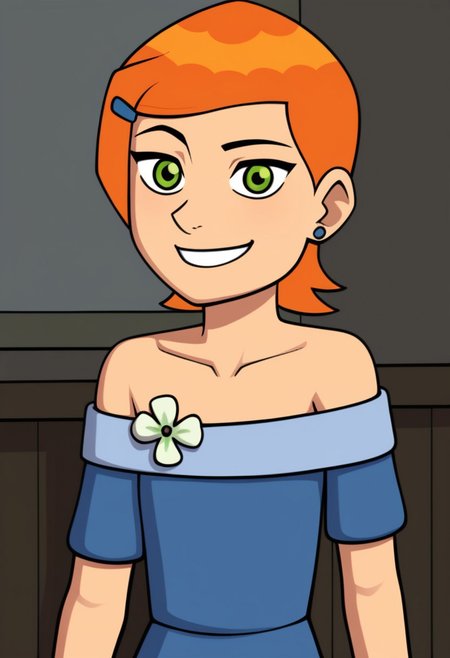 ,ss_gwen,1girl,solo,orange hair,short hair,green eyes,hairclip,blue dress,off shoulder,flower,upper body,smile