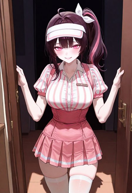 large breasts, detailed body, detailed eyes, narrow waist, (dynamic pose:1.2), upper body,
mature female, korean, korean idol, (mature eyes:1.2),
(pale skin:1.1), (blush:1.2), looking at viewer,
(1girl, solo:1.1), indoors, open door, pov,
complexion, healthy glow, long waist, long legs,
masterpiece, best quality, good quality, newest, very aesthetic, absurdres,
<lora:ì£¼ì ì_ì£¼ë¥´ë¥´__Jururu_Petrol_Station_Clothes:0.8> petrolruru, purple hair, pink eyes, pink streaked hair, side ponytail, thighhighs, skirt, short sleeves, pantyhose, shirt, white pantyhose, visor cap, striped shirt, bow, smile, collared shirt, (microskirt:1.1), pleated skirt, cowlick,