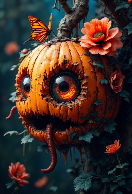 surreal and hyperrealistic enhanced digital painting, mixed-media, collage, assemblage, layered paper style, paper quilled, papercraft of a spooky neon glowing halloween pumpkin , with a spline on the core, made of paper and an orange-red poppy flower blooming from it , hanging from a rope pending from a tree branch. In the middle of the pumpkin, a large googly eyeball with glossy neon amber-orange irises surrounded by dark pupils, giving it an expressive and creepy appearance, the eyeball  emerges like wanting to watch everything, giving the feeling that the pumpkin is alive, tearing the walls of the pumpkin through two hands that make their way through the skin. A butterfly poses over the flower like is alive. A worm emerges from the mouth, All is made out of newspaper ,  construction crumpled paper, paper mache, paper scraps and paper cut-ups, featured on top of a backyard, dramatic lighting,  steam haze around, rainbow colors, rainbow smoke explosion, light leaks, particle lighting,  dymic view, complex background, photo studio, angular, altermodern, surreal, intrincate, best quality, masterpiece, realistic, concept art, cinematic<lora:aidma-Image Upgrader-v0.1.safetensors:1.0:1.0> <lora:FluxDFaeTasticDetails.safetensors:0.8:1.0>