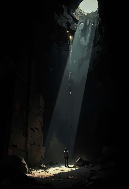 A deep, shadowed space shrouded in darkness, where a single piercing ray of light spills from the corner, cutting through the gloom like a blade. The beam cascades in soft, dust-laden streaks, illuminating floating particles as they drift in the still air. Shadows stretch and bend, their edges melting into the void, while the faint glow reveals the worn texture of unseen surfaces—a cracked wall, a weathered floor, the faint outline of something just beyond reach. The contrast is stark, the light fragile yet unwavering against the suffocating blackness, evoking a sense of mystery, solitude, and the quiet weight of time. moody atmosphere, high-contrast lighting, eerie minimalism, surreal tension, haunting beauty